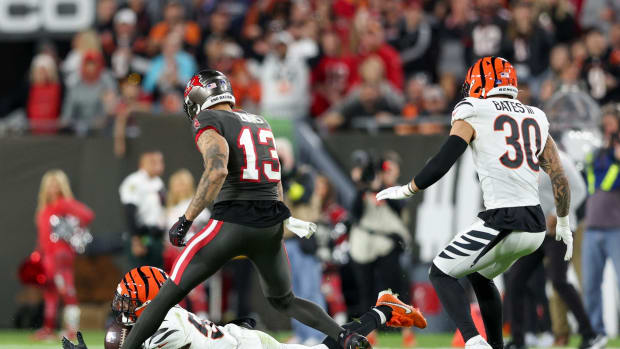 Dec 18, 2022; Tampa, Florida, USA; Cincinnati Bengals linebacker Germaine Pratt (57) intercepts the bill against the Tampa Bay Buccaneers in the fourth quarter at Raymond James Stadium. Mandatory Credit: Nathan Ray Seebeck-USA TODAY Sports